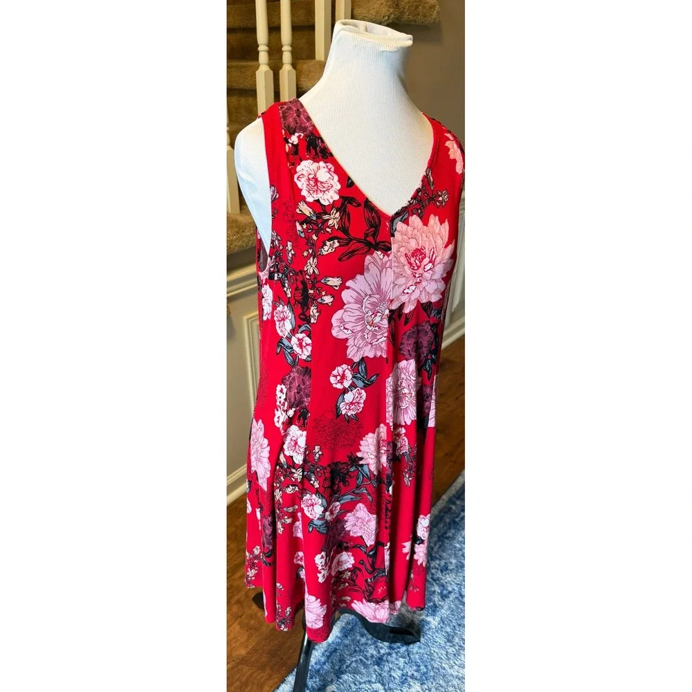 Premise Womens Red Floral Sleeveless V-Neck A-Line Knit Dress Large L/G - Picture 3 of 7